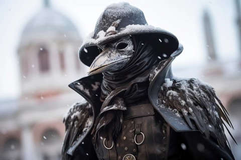 Person dressed as a plague doctor, adorned with the iconic crow mask, amidst the snowfall at the