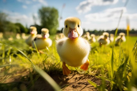 A close-up of a cute duckling standing in a sunlit meadow, with other ducklings and wildflowers in