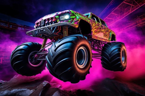 Monster truck with neon lighting, jumping off-road in cloud of dust. Excitement and thrill of an