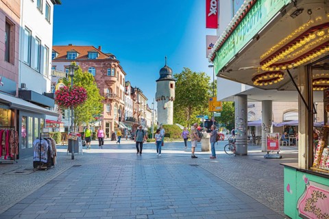 Herstallstraße and Herstallturm in the historic centre of Aschaffenburg in Bavaria, Germany, Europe