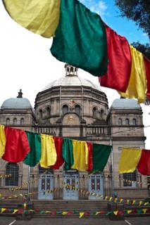 Holy trinity cathedral, orthodox christian place of worship in Addis Ababa, Ethiopia. Flags in the