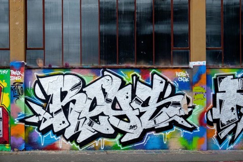 Graffiti art in dominant black and white tones with colourful accents, Landau,