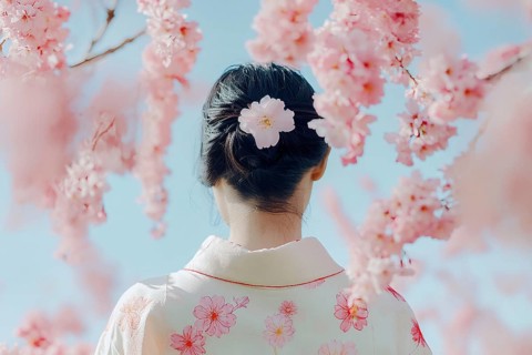 Back view of young Asian woman with white traditional Yukata garment with pink Sakura cherry