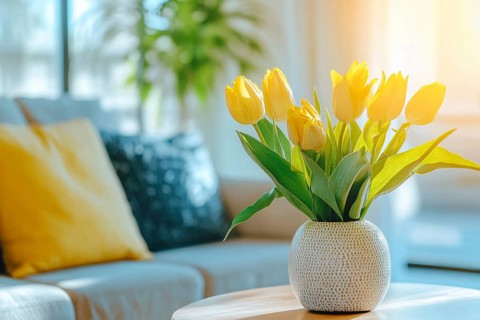 Bouquet of beautiful yellow tulip spring flowers in vase on coffee table in living room. Generative