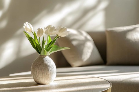 Seasonal bouquet of beautiful white tulip spring flowers in vase on coffee table in living room.