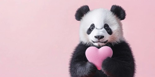 Banner with cute Giant Panda bear holding pink plush heart in front of pink background with copy