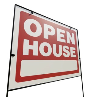 Right facing open house real estate yard sign isolated on a white background