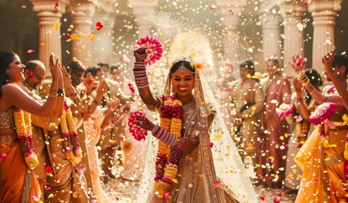 Hindu traditional Indian lavish wedding with groom and bride celebrating and dancing, AI generated