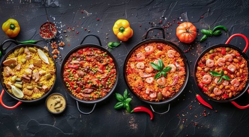 Classical Spanish paella dish with traditional seafood and rice components. Spanish cuisine., AI