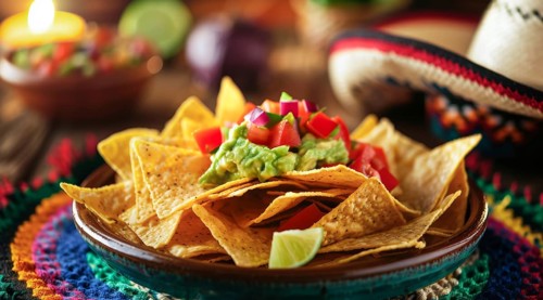 Mexican traditional nachos with avocado jalapeno guacamole and tomato salsa., AI generated