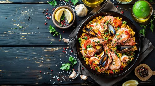 Authentic seafood paella senyoret on a wooden table., AI generated