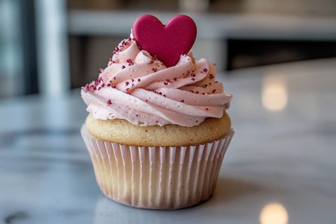 Cute Valentine's Day cupcake with cream and heart topper. Generative AI, AI generated