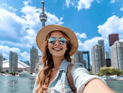 Attractive young smiling happy tourist take selfie in Toronto downtown near CN Tower on vacation.,