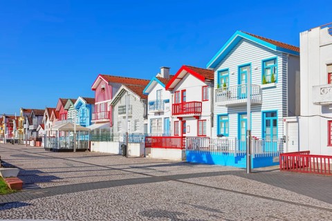 Traditional wooden striped houses, Costa Nova do Prado, Aveiro, Portugal, Europe