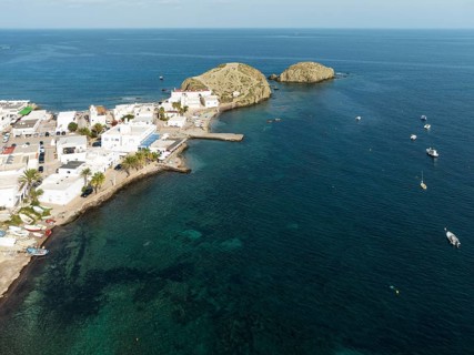 The fishing village of La Isleta del Moro. Aerial view. Drone shot. Nature Reserve Cabo de