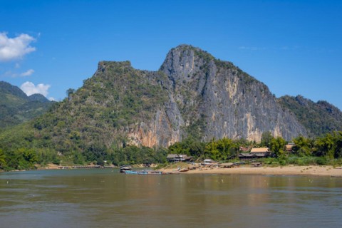 View over the Mekong at the Pak Ou Caves, Luang Prabang Province, Laos, Asia