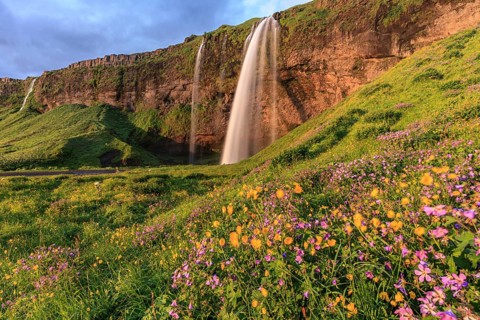Waterfall on a steep slope, flower meadow, summer, evening light, midnight sun, long exposure,