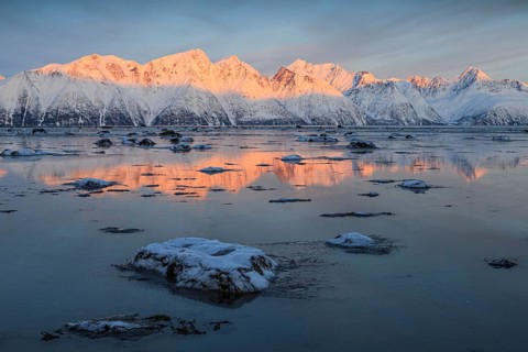 Morning light, mountains, snowy, reflection, sea, coast, fjord, winter, Lyngen Alps, Norway, Europe