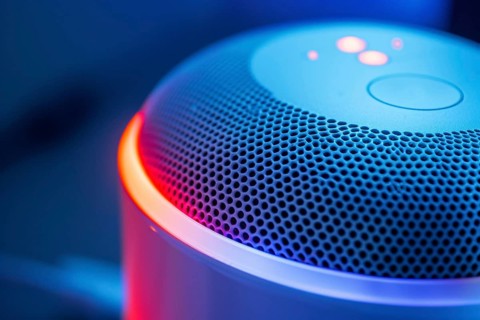 Close up of artificial intelligence home assistant device. Generative Ai, AI generated