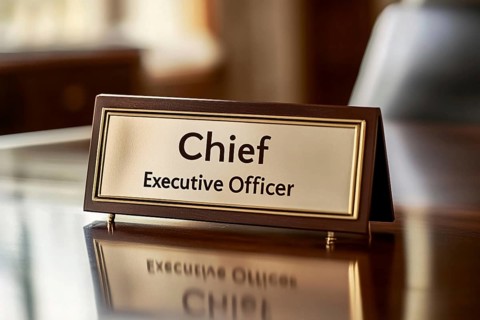 Desk sign with text 'Chief executive Officer' on desk in office. Generative Ai, AI generated