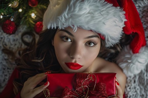 Beautiful young woman with red santa hat holding Christmas present. Generative Ai, AI generated