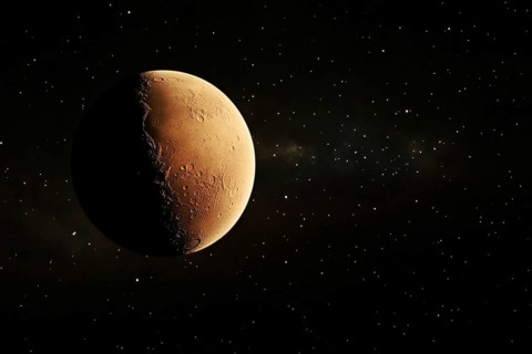 Red planet Mars in black sky with stars. Generative Ai, AI generated