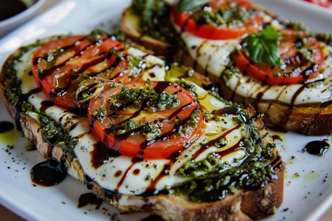 Slices of bread with mozarella cheese, pesto and tomato slices. Generative AI, AI generated