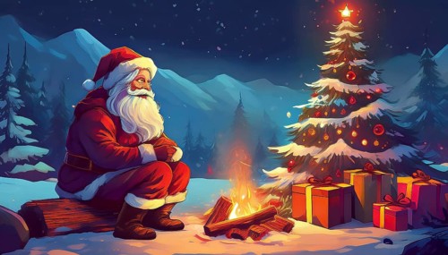 Illustration Father Christmas at the campfire next to presents under the Christmas tree in a winter