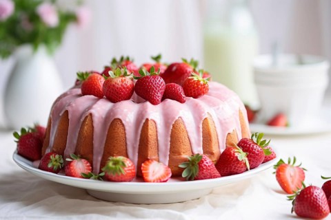 Bundt cake with pink glazing and fresh strawberry fruits. KI generiert, generiert AI generated