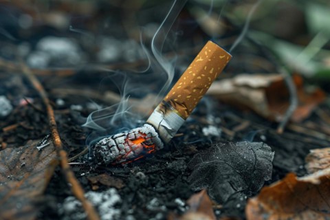 Burning cigarette butt on forest ground risking fire. KI generiert, generiert, AI generated