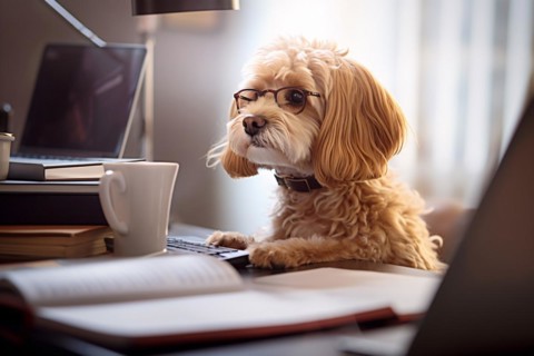 Small dog with glasses working at desk in office. KI generiert, generiert AI generated