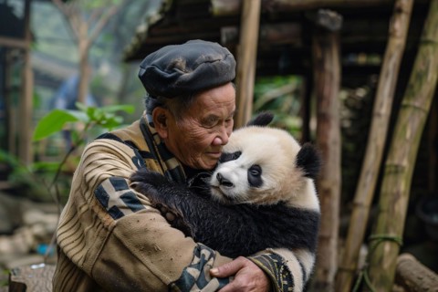 Elderly Chinese man holding a Giant Panda bear cub. KI generiert, generiert, AI generated