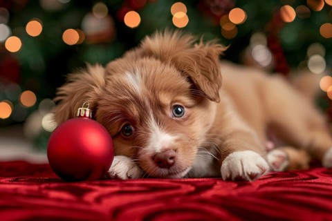Cute dog puppy with red Christmas tree bauble. Generative AI, AI generated