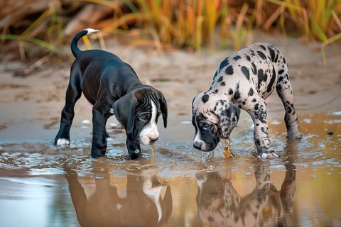 Two cute Great Dane pups in the water, AI generated