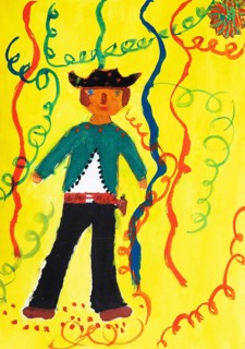 Naive illustration, children's drawing, child in cowboy costume at carnival