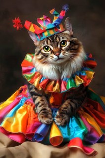 Bengal cat dressed in colorful carnival clothing, AI generated