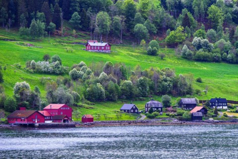 Mountains and Fjord over Norwegian Village, Olden, Innvikfjorden, Norway, Europe