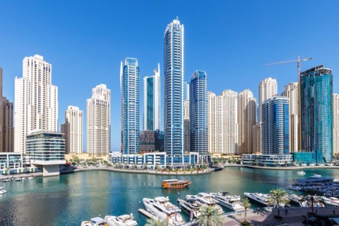 Dubai Marina skyline skyscrapers with yachts skyscrapers living on the waterfront in Dubai, United