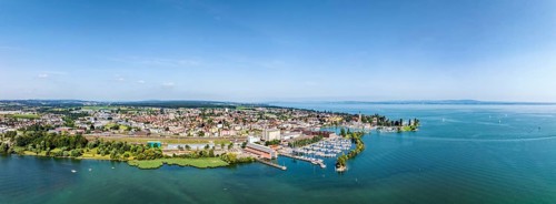 Harbour area, ferry port, yacht harbour, marina of Romanshorn with lake park, aerial view,
