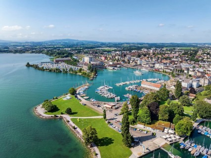 Harbour area, ferry port, yacht harbour, marina of Romanshorn with lake park, aerial view, Lake