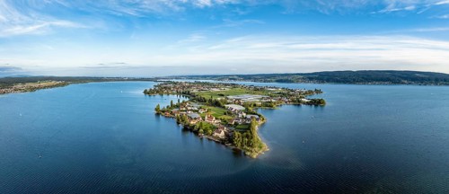Aerial view, panorama of the island of Reichenau in Lake Constance seen from the west, on the left