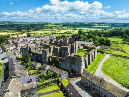 Middleham Castle from a drone, Middleham, Wensleydale, North Yorkshire, England, United Kingdom,