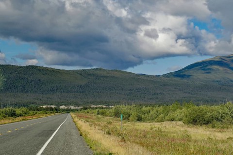 Endless road, with single motorhome, forest, wilderness, Alaska Highway, Yukon Territory, Canada,