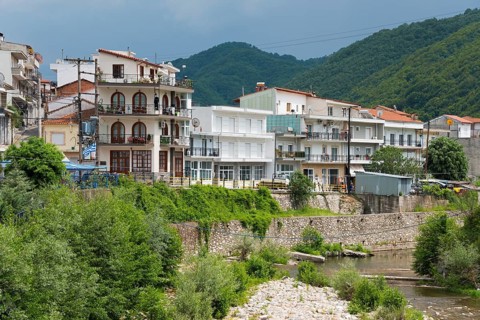 View of a town with multi-storey houses in front of wooded mountains and a river in the foreground,