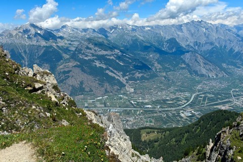 View of the Rhone valley from the ascent to the summit of Pierre Avoi, Valais Alps, Verbier,