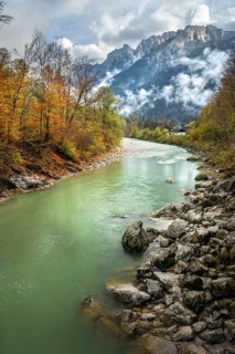 The River Lammer at the end of the Lammerklamm gorge. The Tennengebirge mountains in the background