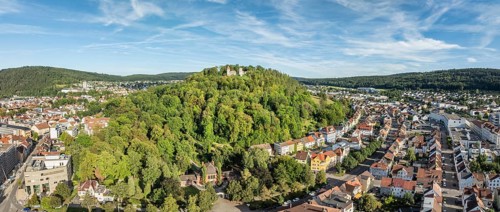 Aerial view, panorama of the Honburg castle ruins on the Honberg above the town of Tuttlingen,