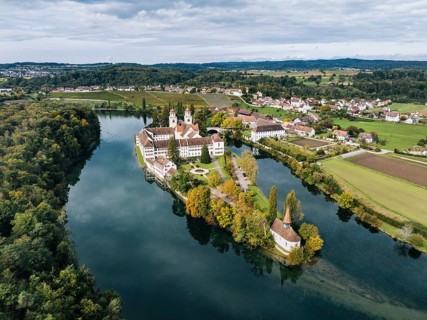 Aerial view of the former Benedictine abbey with the monastery church of St Mary and the pointed