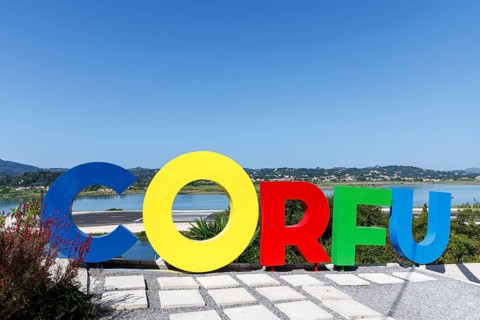 Corfu sign in Kanoni with copy space Copyspace on the island of Corfu, Greece, Europe