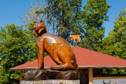 Lynx figure, wooden sculpture, lynx station, replica, big cat, lynx info point at the car park at